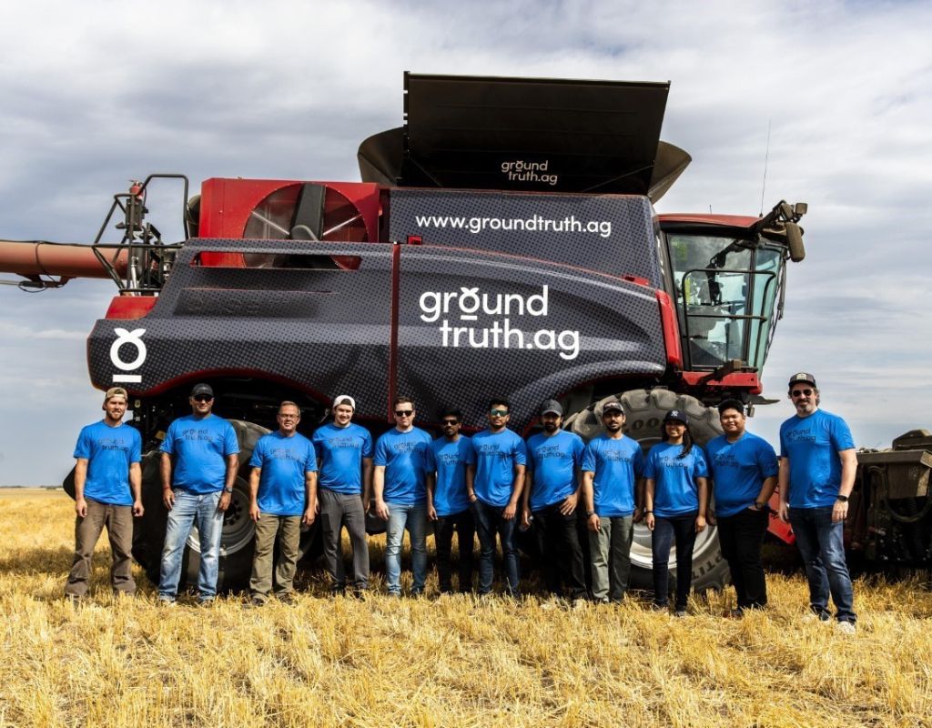 The Ground Truth Ag field trial team on a farm near Holdfast, Saskatchewan in August 2022.